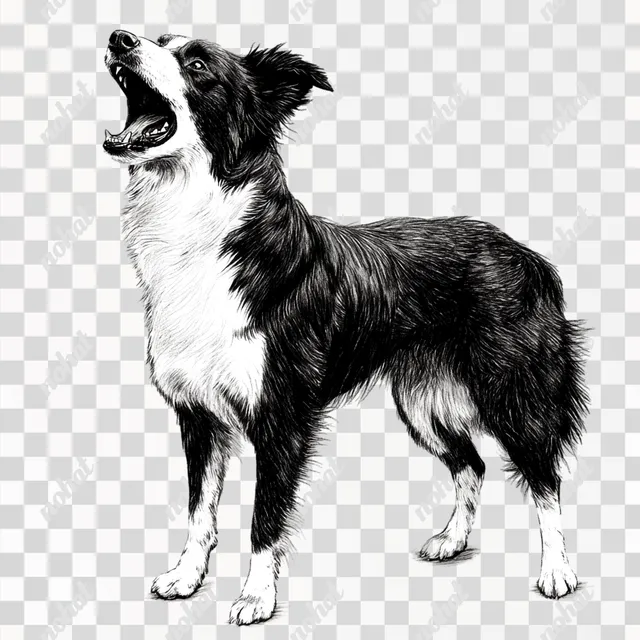 PNG Border Collie Barking with Mouth Open in Playful Stance Indoors