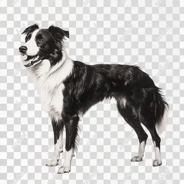 On a white background, there is the entire body of a standing Border Collie. It looks the same size as an adult dog, with short fur, a left face, and an open mouth. The dog's posture is like barking angrily, with the feeling of barking with its mouth open.
