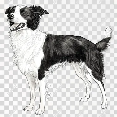 On a white background, there is the entire body of a standing Border Collie. It looks the same size as an adult dog, with short fur, a left face, and an open mouth. The dog's posture is like barking angrily, with the feeling of barking with its mouth open.