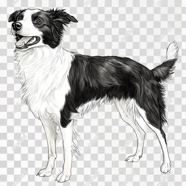 PNG Border Collie dog standing in an angry bark pose on white surface