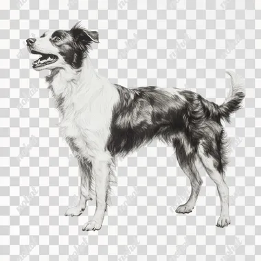 On a white background, there is the entire body of a standing Border Collie. It looks the same size as an adult dog, with short fur, a left face, and an open mouth. The dog's posture is like barking angrily, with the feeling of barking with its mouth open.