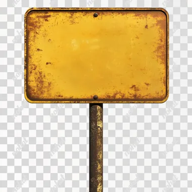 Show metal street sign that is large. It is amber in color with narrow white trim. It is attached to a single metal post in ground. Show entire post and sign. Stylized and realistic. All white background.