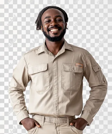 a happy black man in emirates airport beige work clothes, white background