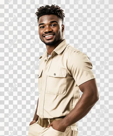 a happy black man in emirates airport beige work clothes, white background