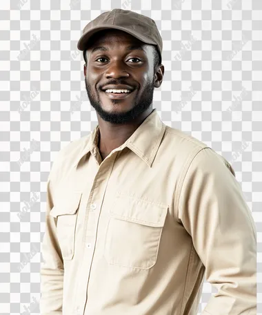 a happy black man in emirates airport beige work clothes, white background