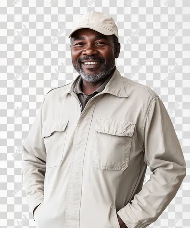 a happy black man in emirates airport beige work clothes, white background