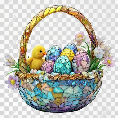 Ultra-realistic 3D stained glass glittering basket filled with colorful Easter eggs and little yellow chicks and delicate flowers on a white background in the style of Lisa Frank. Clear and detailed metallic line texture outline, stained glass three-dimensional style, high color transparency, color gradient, no shadows, standing out on a pure white solid background, ultra-high definition resolution, ultra-realistic details. 3D model, true to life, lifelike