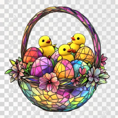 Ultra-realistic 3D stained glass glittering basket filled with colorful Easter eggs and little yellow chicks and delicate flowers on a white background in the style of Lisa Frank. Clear and detailed metallic line texture outline, stained glass three-dimensional style, high color transparency, color gradient, no shadows, standing out on a pure white solid background, ultra-high definition resolution, ultra-realistic details. 3D model, true to life, lifelike