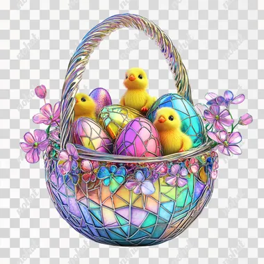 Ultra-realistic 3D stained glass glittering basket filled with colorful Easter eggs and little yellow chicks and delicate flowers on a white background in the style of Lisa Frank. Clear and detailed metallic line texture outline, stained glass three-dimensional style, high color transparency, color gradient, no shadows, standing out on a pure white solid background, ultra-high definition resolution, ultra-realistic details. 3D model, true to life, lifelike
