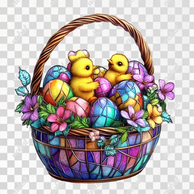 Ultra-realistic 3D stained glass glittering basket filled with colorful Easter eggs and little yellow chicks and delicate flowers on a white background in the style of Lisa Frank. Clear and detailed metallic line texture outline, stained glass three-dimensional style, high color transparency, color gradient, no shadows, standing out on a pure white solid background, ultra-high definition resolution, ultra-realistic details. 3D model, true to life, lifelike