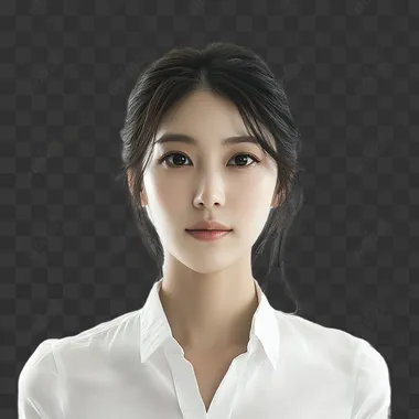 A beautiful Korean woman in a full-figure shot on a white background. She is facing forward, wearing a white shirt. The image should be high-resolution and as realistic as possible. no medium shot