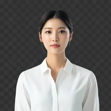 A beautiful Korean woman in a full-figure shot on a white background. She is facing forward, wearing a white shirt. The image should be high-resolution and as realistic as possible. no medium shot