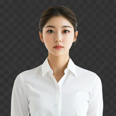 A beautiful Korean woman in a full-figure shot on a white background. She is facing forward, wearing a white shirt. The image should be high-resolution and as realistic as possible. no medium shot