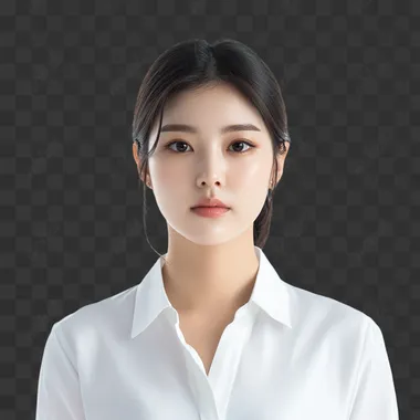 A beautiful Korean woman in a full-figure shot on a white background. She is facing forward, wearing a white shirt. The image should be high-resolution and as realistic as possible. no medium shot