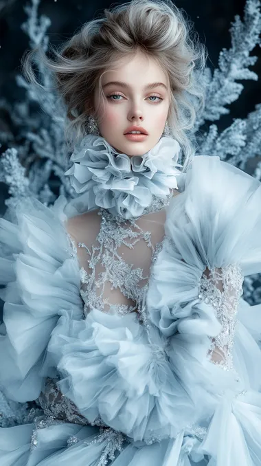 Stunning high-fashion editorial shot of a woman wearing an extraordinary haute couture dress inspired by the winter holiday season. The gown is made of layers of icy blue and silver fabric, shimmering like frost with delicate snowflake patterns embroidered in sparkling crystals. The dress flows gracefully, resembling cascading snow drifts, with intricate details like sparkling fur trims and a dramatic, oversized collar. The model's makeup is ethereal, with frosted eyeshadow and soft, glowing skin, her hair styled in an elegant, icy updo. The background is a dreamy winter landscape with soft snowfall and glistening ice sculptures, creating a magical, sophisticated atmosphere. The overall vibe is luxurious, enchanting, and timeless, blending winter elegance with high fashion, style Vogue   2lolttd --s 800