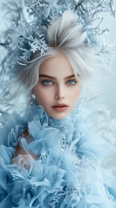 Stunning high-fashion editorial shot of a woman wearing an extraordinary haute couture dress inspired by the winter holiday season. The gown is made of layers of icy blue and silver fabric, shimmering like frost with delicate snowflake patterns embroidered in sparkling crystals. The dress flows gracefully, resembling cascading snow drifts, with intricate details like sparkling fur trims and a dramatic, oversized collar. The model's makeup is ethereal, with frosted eyeshadow and soft, glowing skin, her hair styled in an elegant, icy updo. The background is a dreamy winter landscape with soft snowfall and glistening ice sculptures, creating a magical, sophisticated atmosphere. The overall vibe is luxurious, enchanting, and timeless, blending winter elegance with high fashion, style Vogue   2lolttd --s 800