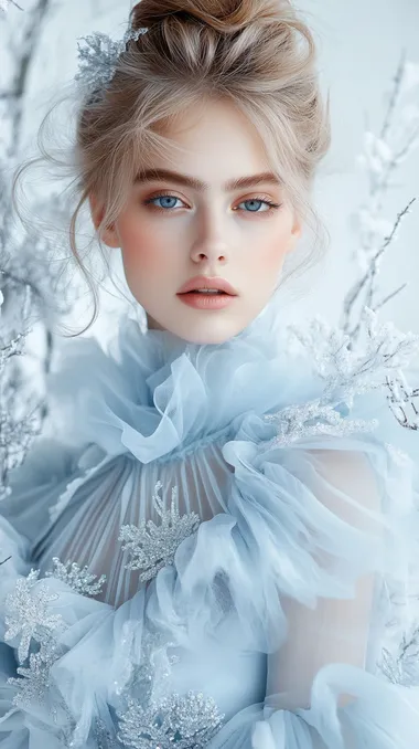Stunning high-fashion editorial shot of a woman wearing an extraordinary haute couture dress inspired by the winter holiday season. The gown is made of layers of icy blue and silver fabric, shimmering like frost with delicate snowflake patterns embroidered in sparkling crystals. The dress flows gracefully, resembling cascading snow drifts, with intricate details like sparkling fur trims and a dramatic, oversized collar. The model's makeup is ethereal, with frosted eyeshadow and soft, glowing skin, her hair styled in an elegant, icy updo. The background is a dreamy winter landscape with soft snowfall and glistening ice sculptures, creating a magical, sophisticated atmosphere. The overall vibe is luxurious, enchanting, and timeless, blending winter elegance with high fashion, style Vogue   2lolttd --s 800