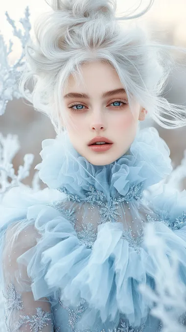 Stunning high-fashion editorial shot of a woman wearing an extraordinary haute couture dress inspired by the winter holiday season. The gown is made of layers of icy blue and silver fabric, shimmering like frost with delicate snowflake patterns embroidered in sparkling crystals. The dress flows gracefully, resembling cascading snow drifts, with intricate details like sparkling fur trims and a dramatic, oversized collar. The model's makeup is ethereal, with frosted eyeshadow and soft, glowing skin, her hair styled in an elegant, icy updo. The background is a dreamy winter landscape with soft snowfall and glistening ice sculptures, creating a magical, sophisticated atmosphere. The overall vibe is luxurious, enchanting, and timeless, blending winter elegance with high fashion, style Vogue   2lolttd --s 800