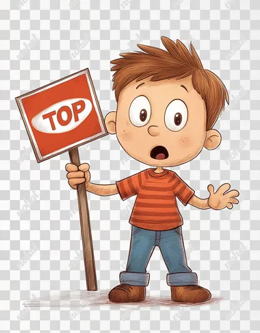 Cartoon boy holding an alert sign in one hand, other hand is held out to say stop!, white background