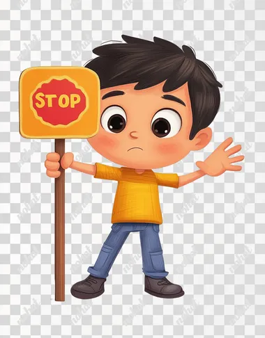 Cartoon boy holding an alert sign in one hand, other hand is held out to say stop!, white background