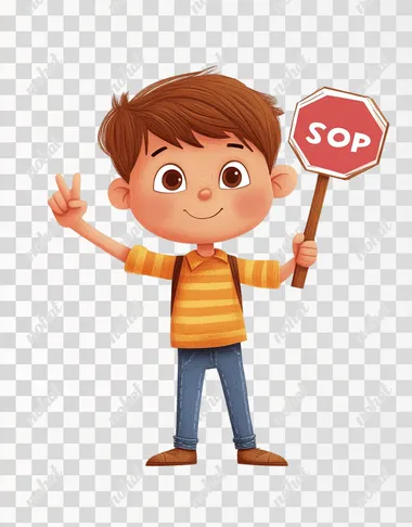 Cartoon boy holding an alert sign in one hand, other hand is held out to say stop!, white background