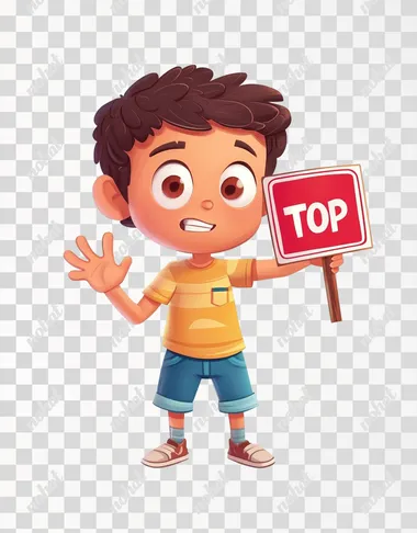Cartoon boy holding an alert sign in one hand, other hand is held out to say stop!, white background