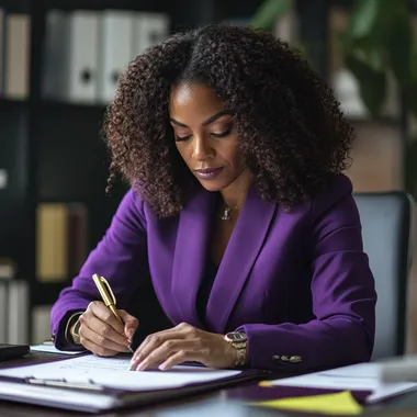 a 40 year old African American woman CEO looking sitting at her desk in her office writing in a purple suit