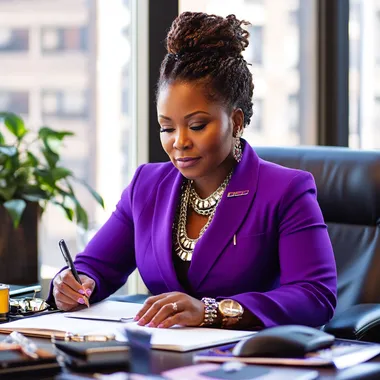 a 40 year old African American woman CEO looking sitting at her desk in her office writing in a purple suit