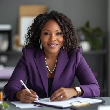 a 40 year old African American woman CEO looking sitting at her desk in her office writing in a purple suit