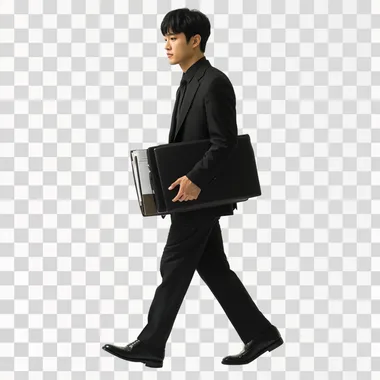 A tired-looking Korean man is wearing a black business suit, carrying a briefcase with documents, and wearing black shoes. He is completely isolated on a white background ar 16:9