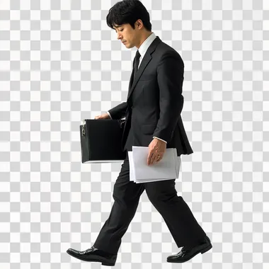 A tired-looking Korean man is wearing a black business suit, carrying a briefcase with documents, and wearing black shoes. He is completely isolated on a white background ar 16:9