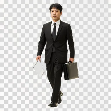 A tired-looking Korean man is wearing a black business suit, carrying a briefcase with documents, and wearing black shoes. He is completely isolated on a white background ar 16:9