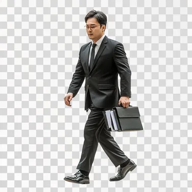 A tired-looking Korean man is wearing a black business suit, carrying a briefcase with documents, and wearing black shoes. He is completely isolated on a white background ar 16:9