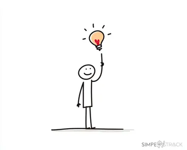 A stick figure man is happy and pointing to the light bulb above his head, vector illustration, simple drawing style with a white background, minimalistic, doodle art design for a "flat stock" logo, simple design, simple colors, simple lines, simple shapes.