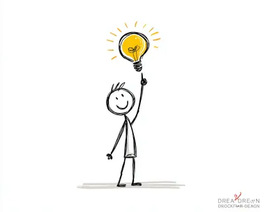 A stick figure man is happy and pointing to the light bulb above his head, vector illustration, simple drawing style with a white background, minimalistic, doodle art design for a "flat stock" logo, simple design, simple colors, simple lines, simple shapes.