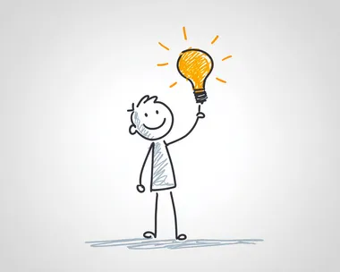 A stick figure man is happy and pointing to the light bulb above his head, vector illustration, simple drawing style with a white background, minimalistic, doodle art design for a "flat stock" logo, simple design, simple colors, simple lines, simple shapes.