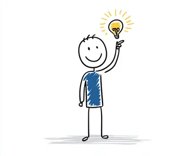 A stick figure man is happy and pointing to the light bulb above his head, vector illustration, simple drawing style with a white background, minimalistic, doodle art design for a "flat stock" logo, simple design, simple colors, simple lines, simple shapes.