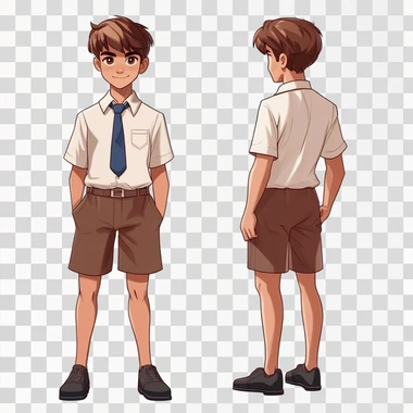 I want to create a cartoon 15 year old male schoolboy character. He has brown hair and brown eyes. He is wearing a school uniform - white, short sleeved button up shirt and brown shorts. The shirt is tucked in with a blue tie. He has black shoes on