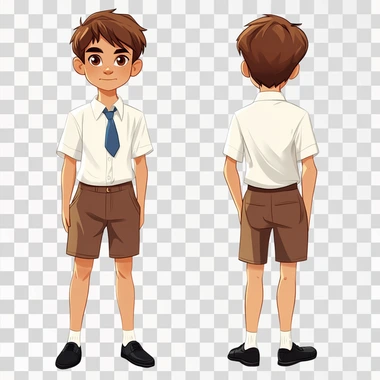 I want to create a cartoon 15 year old male schoolboy character. He has brown hair and brown eyes. He is wearing a school uniform - white, short sleeved button up shirt and brown shorts. The shirt is tucked in with a blue tie. He has black shoes on
