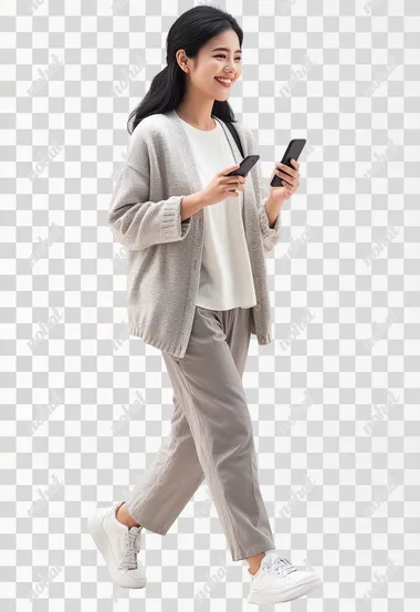 Full body shot of a smiling black-haired Thai woman walking and holding an phone. Wearing a shirt and cardigan, and casual pants. Isolated on a white background. High resolution photography. Professional studio photo