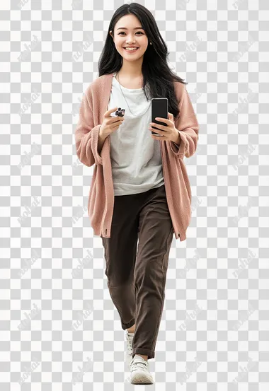 Full body shot of a smiling black-haired Thai woman walking and holding an phone. Wearing a shirt and cardigan, and casual pants. Isolated on a white background. High resolution photography. Professional studio photo