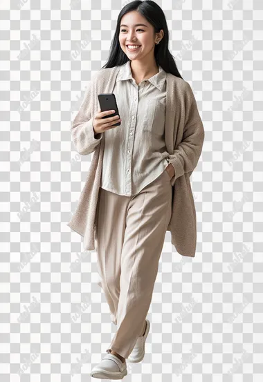 Full body shot of a smiling black-haired Thai woman walking and holding an phone. Wearing a shirt and cardigan, and casual pants. Isolated on a white background. High resolution photography. Professional studio photo