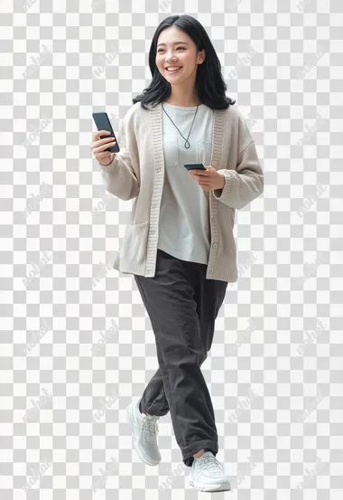 Full body shot of a smiling black-haired Thai woman walking and holding an phone. Wearing a shirt and cardigan, and casual pants. Isolated on a white background. High resolution photography. Professional studio photo