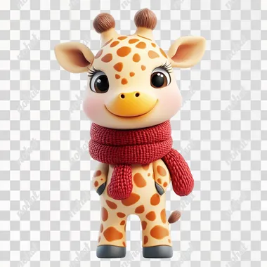 A cute baby giraffe in red scarf in winter, isolated on white background, 3D cartoon style  --s 250