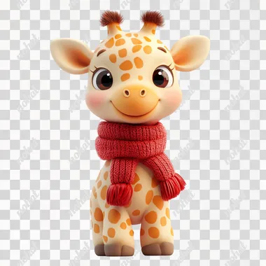 A cute baby giraffe in red scarf in winter, isolated on white background, 3D cartoon style  --s 250