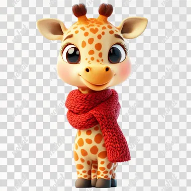 A cute baby giraffe in red scarf in winter, isolated on white background, 3D cartoon style  --s 250