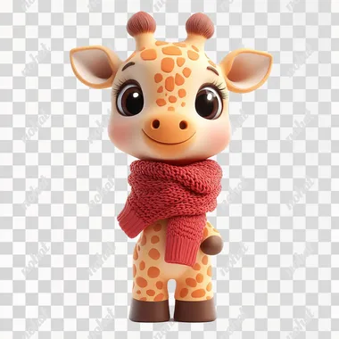 A cute baby giraffe in red scarf in winter, isolated on white background, 3D cartoon style  --s 250