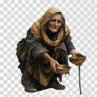 art by Craig Mullins, an old ragged begging woman, wearing a scarf and ragged medieval clothes, leaning on a crutch and raising her begging bowl towards the camera, plain white background