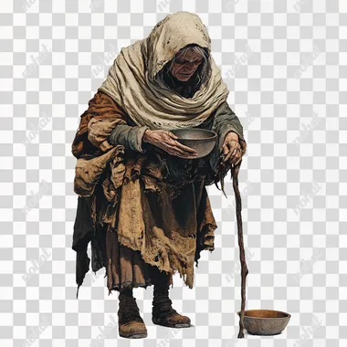 art by Craig Mullins, an old ragged begging woman, wearing a scarf and ragged medieval clothes, leaning on a crutch and raising her begging bowl towards the camera, plain white background
