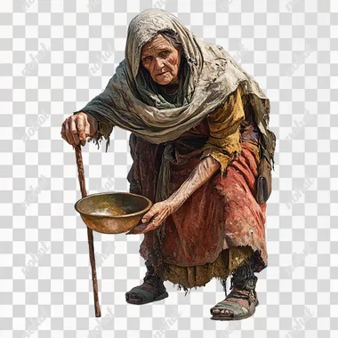 art by Craig Mullins, an old ragged begging woman, wearing a scarf and ragged medieval clothes, leaning on a crutch and raising her begging bowl towards the camera, plain white background